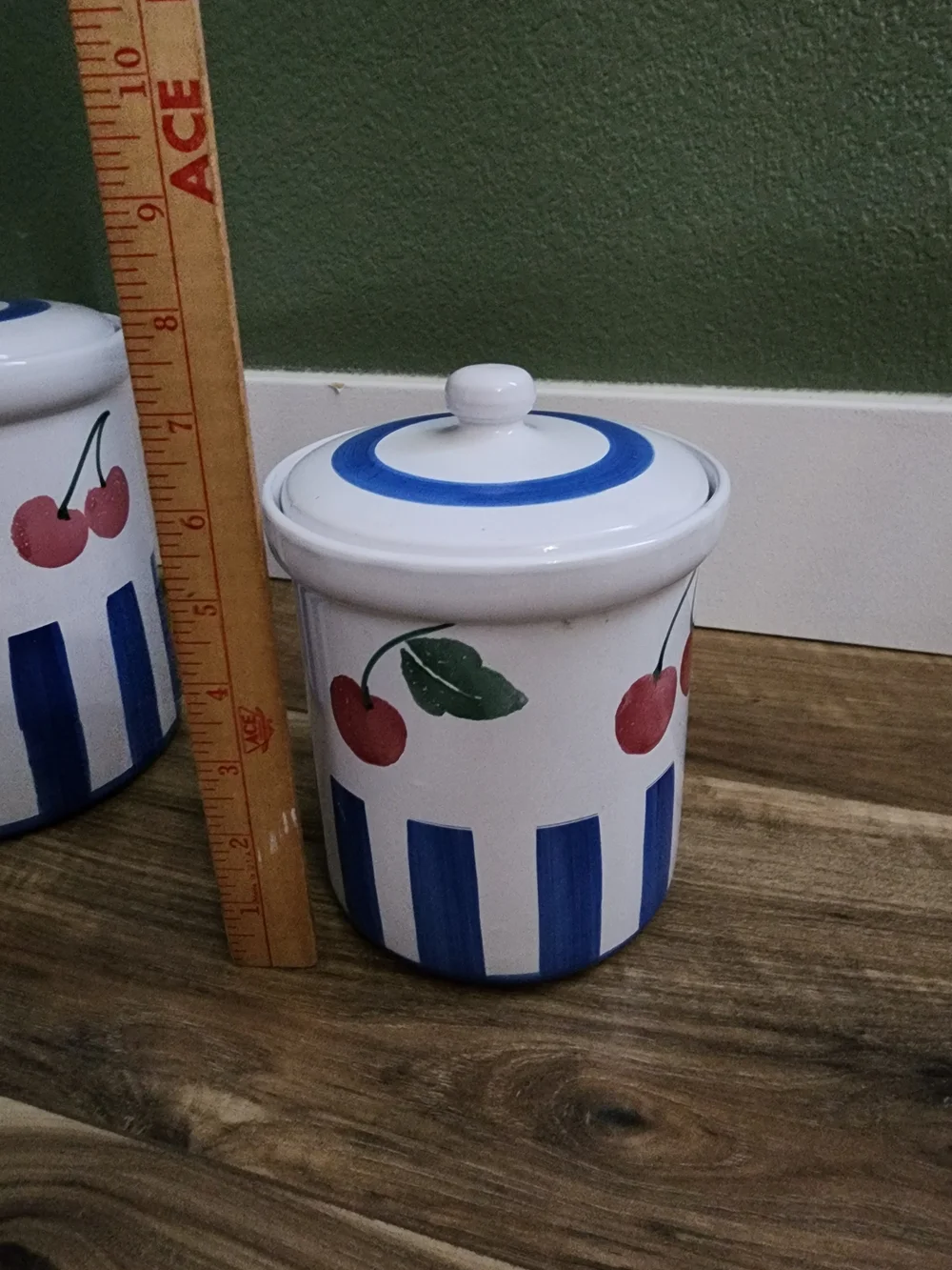 Pier 1 Hand-Painted Cherry Ceramic Canister Set - White, Red & Blue